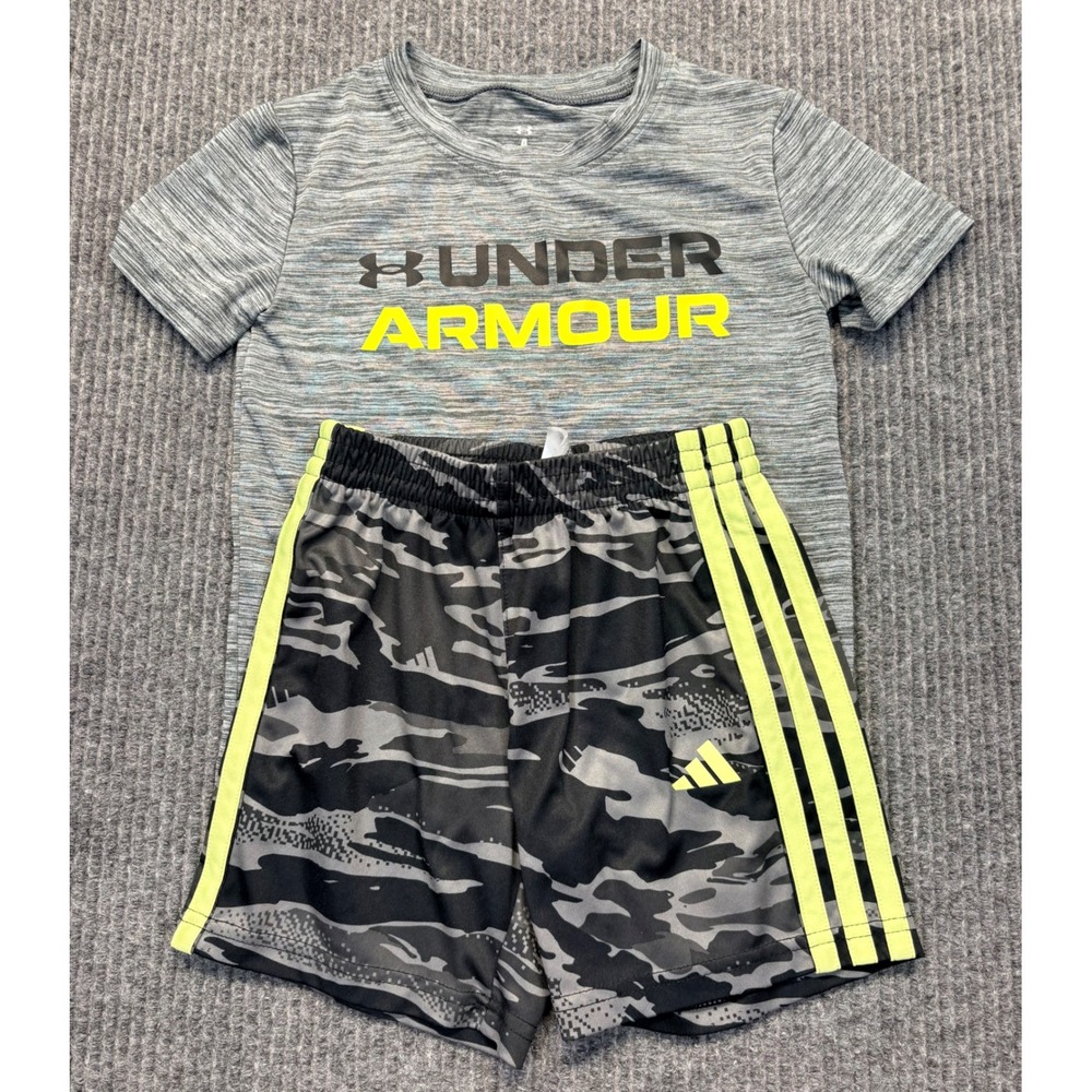 Boys Under Armour Shirt & Adidas Camo Shorts Set Grey Neon Yellow 4T